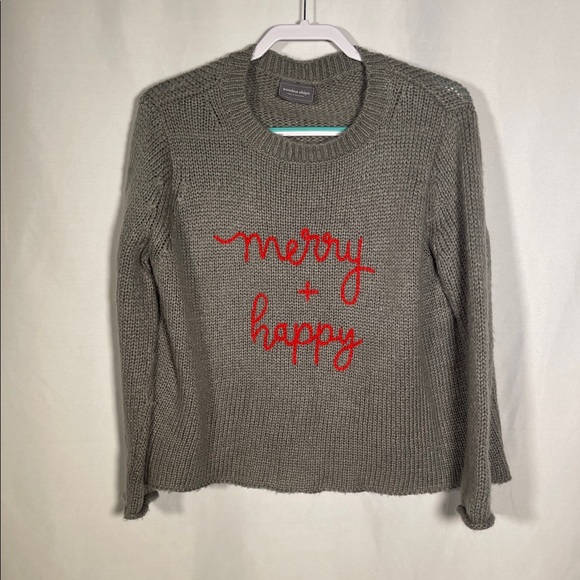 Wooden Ships Sweaters - WOODEN SHIPS WOMENS GRAY MERRY + HAPPY HOLIDAY WOOL SWEATER XS/S